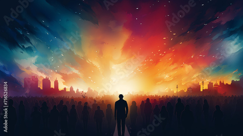 multicolored crowd, a row of silhouettes of people , drawing watercolor style multicultural society, performance concert, rainbow spectrum background gradient photo