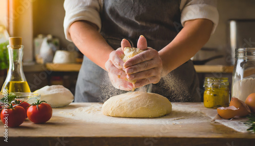 Close-up of housewife's hands kneading dough