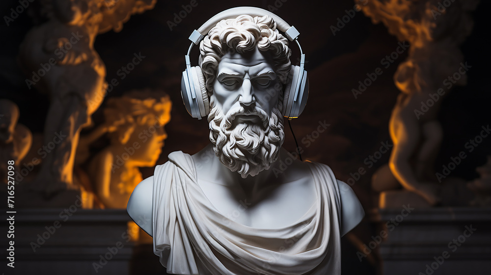 god listens to music, the head of an abstract fictional ancient male statue in modern music headphones, listens to music on a dark background, classical music