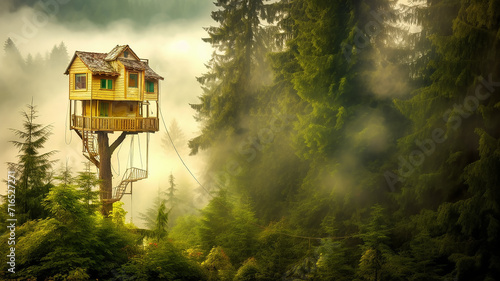 a tree house, a landscape in the rays of the sun among the tops of green trees and the morning calm fog, a fairytale panorama of a secluded hermit's dwelling
