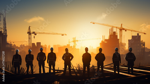 group of builders silhouette of workers on a construction site, standing in a row against a sunset background, with a copy space photo