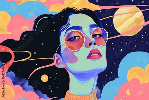 Cosmic Reverie: A Vibrant Celestial Portrait of a Young Dreamy Woman