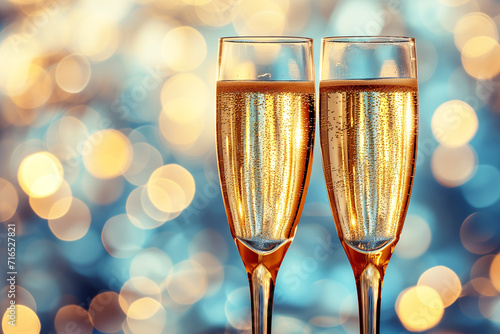 Banner with two glasses of champagne on blue background with lights bokeh, glitter and sparks. golden champagne bottle and two glasses with ribbons on black bokeh background. anniversary celebration. 