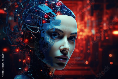 Cyborg woman with machine brains and beautiful young face side view. The head of cyberpunk. Blue diodes. Biometric people profile. Concepts of future human. Fantastic biorobot hero for game. Girl bot