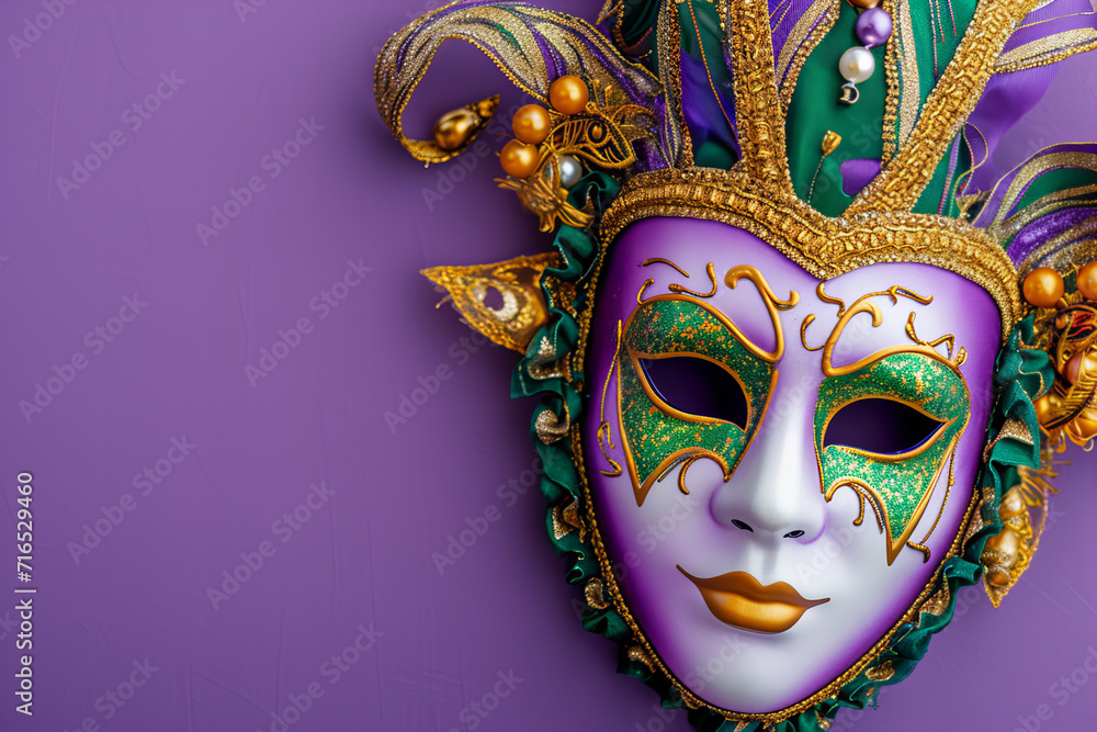 Mardi Gras harlequin mask isolated on lilac background with copy space Mardi Gras harlequin mask isolated on lilac background with copy space