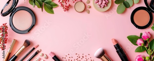 Elegance makeup products and decorative cosmetics, flat lay frame