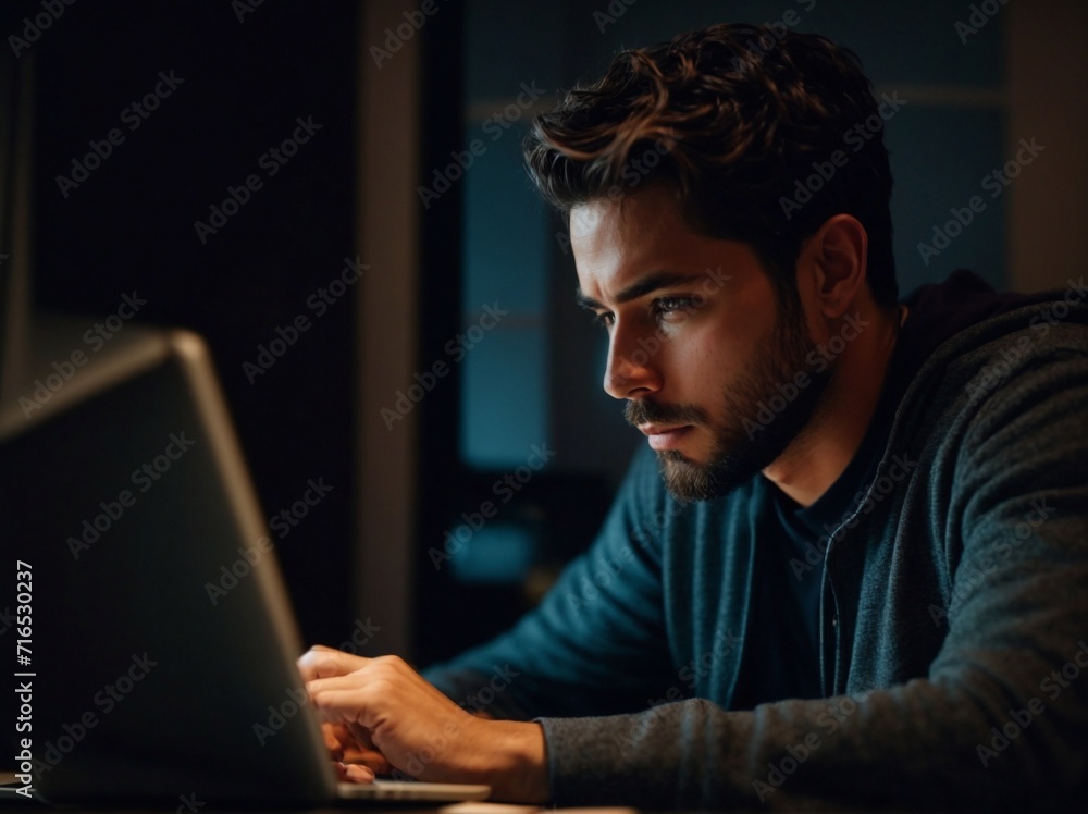 Man Using Laptop for Work at a Desk in a Room With Natural Light. Generative AI. Man Using Laptop for Work at a Desk in a Room With Natural Light. Generative AI.