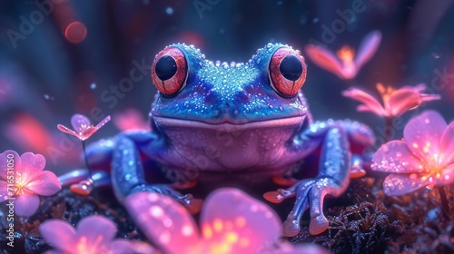 Watercolor neon frog illustration. Hand painted image of a cute frog. Frog clipart, wallpaper. photo