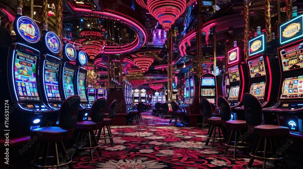 Opulent Casino Interior with Neon Lights and Slot Machines.