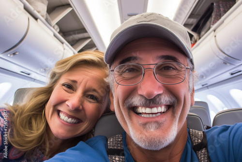 Happy tourist taking selfie inside the plane - Cheerful couple on spring vacation - Passengers boarding the plane - Vacation concept - Airplane passenger enjoy trip using smartphone. People and travel © simona