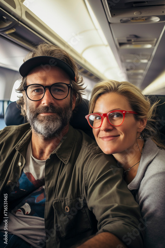 Happy tourist taking selfie inside the plane - Cheerful couple on happy vacation - Passengers boarding the plane - Vacation concept - Airplane inside enjoy trip couple portrait. People and travel © simona