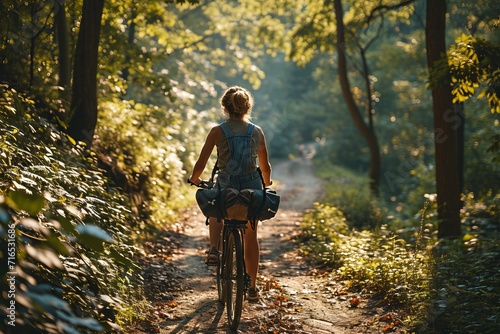 A beautiful girl rides a bicycle along a forest path in denim overalls. Banner with copy space. 