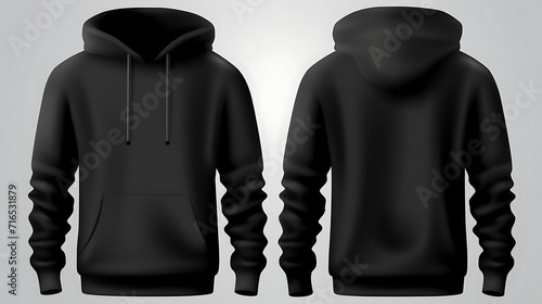 Set of Black front and back view tee hoodie hoody sweatshirt on transparent background