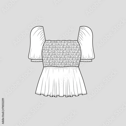 Smoked peplum top  elastic gatherings sleeve smocking detail  fashion t shirt blouse top flat sketch technical drawing template design vector