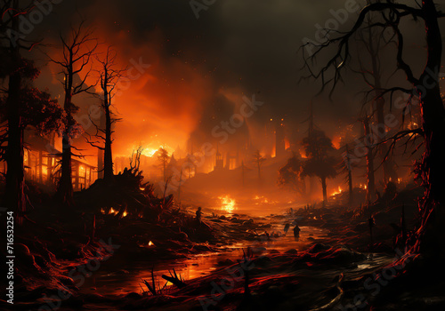 Fire in the forest. Disaster in the landscape. AI generated