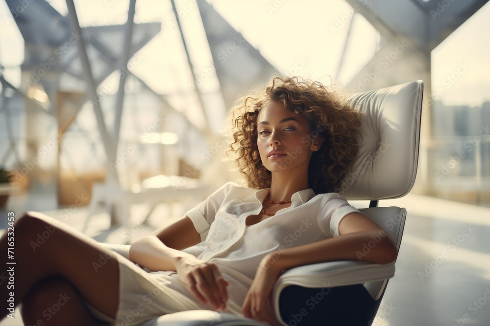 Elegant woman relaxing in a modern, sunlit office, the epitome of poise ...