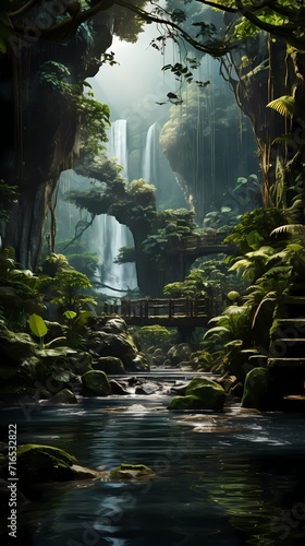 A cascading waterfall in a lush tropical rainforest