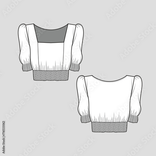Square Neck Smocking Top fashion puff sleeve smocked hem crop t shirt blouse  Apparel Clothing fashion flat sketch technical drawing template design vector