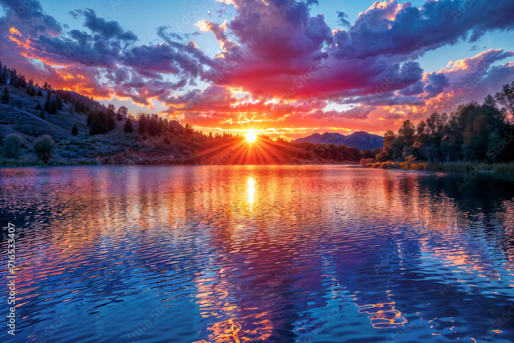 Sunset over Mountain Lake. Created with Generative AI Sunset over Mountain Lake. Created with Generative AI
