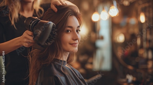 Hairdresser doing hairstyle to young woman photo