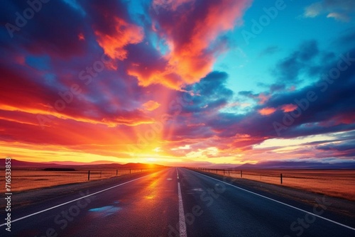 scenic sunrise sky, colorful clouds over asphalt road. Generative AI