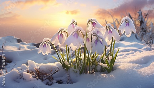 Title beautiful snowdrop flowers blooming in the snow during early spring season © Aliaksandra