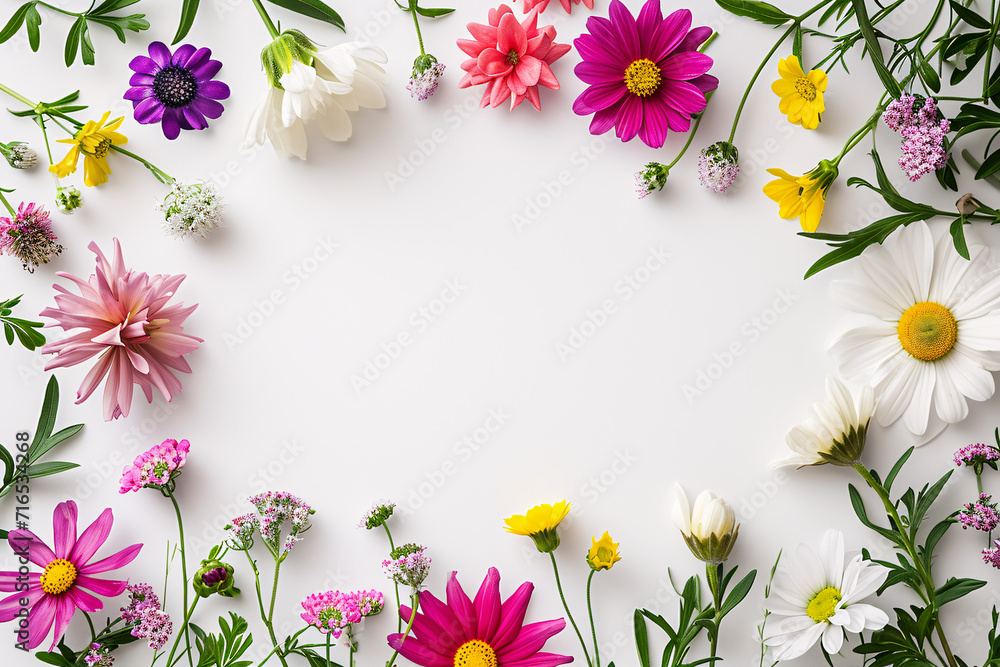 Flat Lay frischer Blumen auf weißem Hintergrund mit Copyspace Flat Lay frischer Blumen auf weißem Hintergrund mit Copyspace