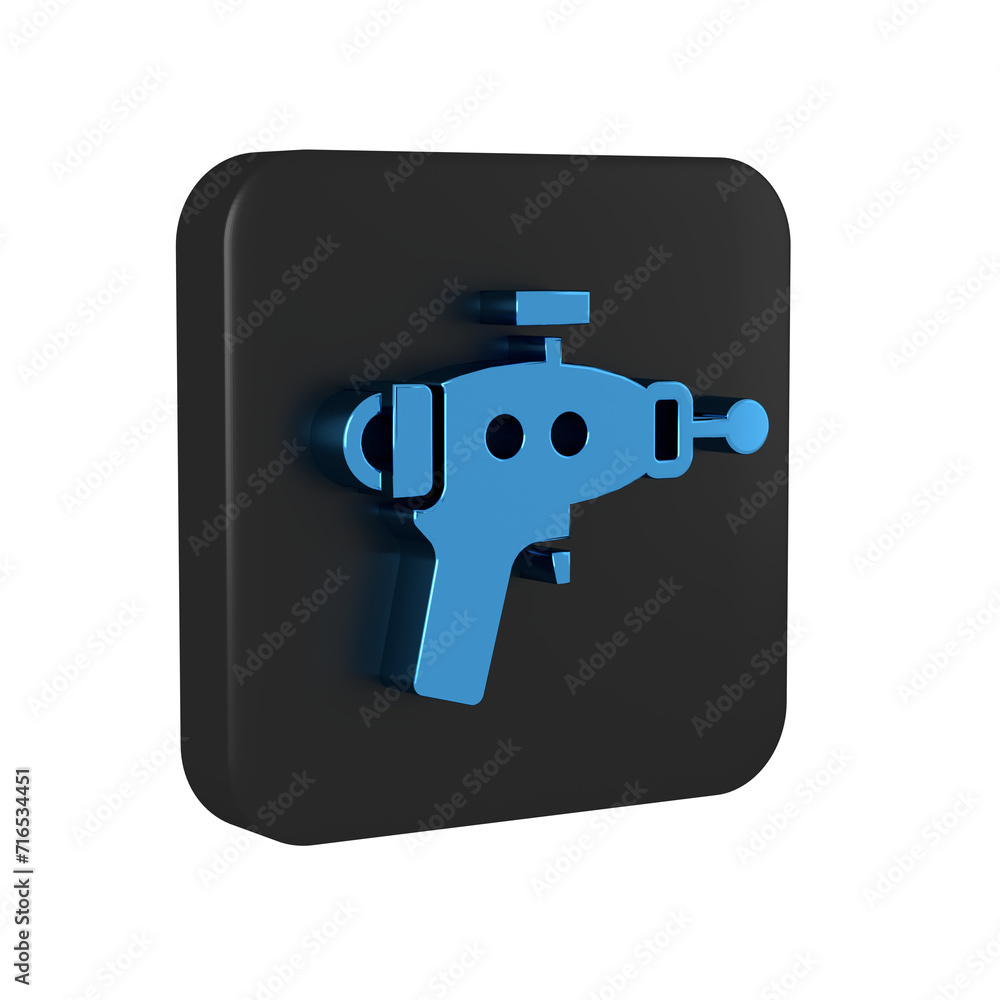 Blue Ray gun icon isolated on transparent background. Laser weapon. Space blaster. Black square button.