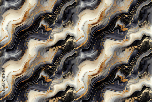 Luxurious abstract marble texture with fluid black and white seamless pattern  accented by elegant gold streaks.