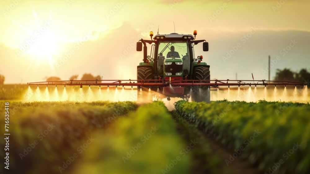 Sunset Farming: Tractor Watering Lush Green Fields Sunset Farming: Tractor Watering Lush Green Fields