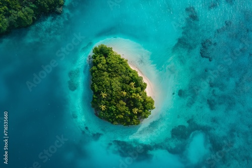 A small green island surrounded by perfect turquoise water in sunlight