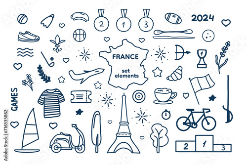 Line sketch of Paris symbols, decorative elements, tourist food and c sports. Vector illustration for cards, background, design, stickers, patterns, social media posts, flyers, brochures. photo