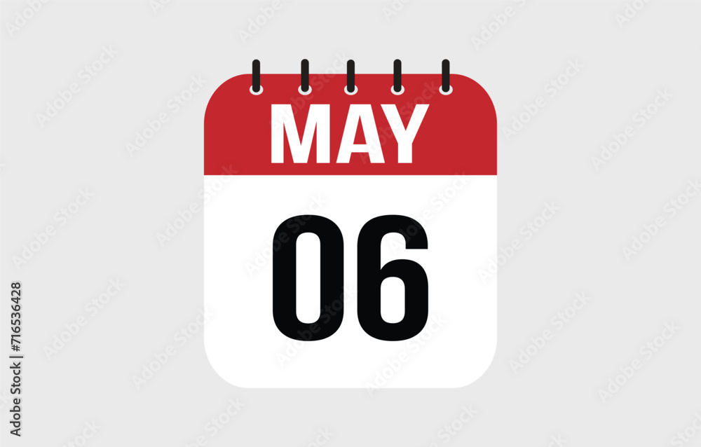 6 May calendar icon. Red calendar page vector for May days and weeks 6 May calendar icon. Red calendar page vector for May days and weeks