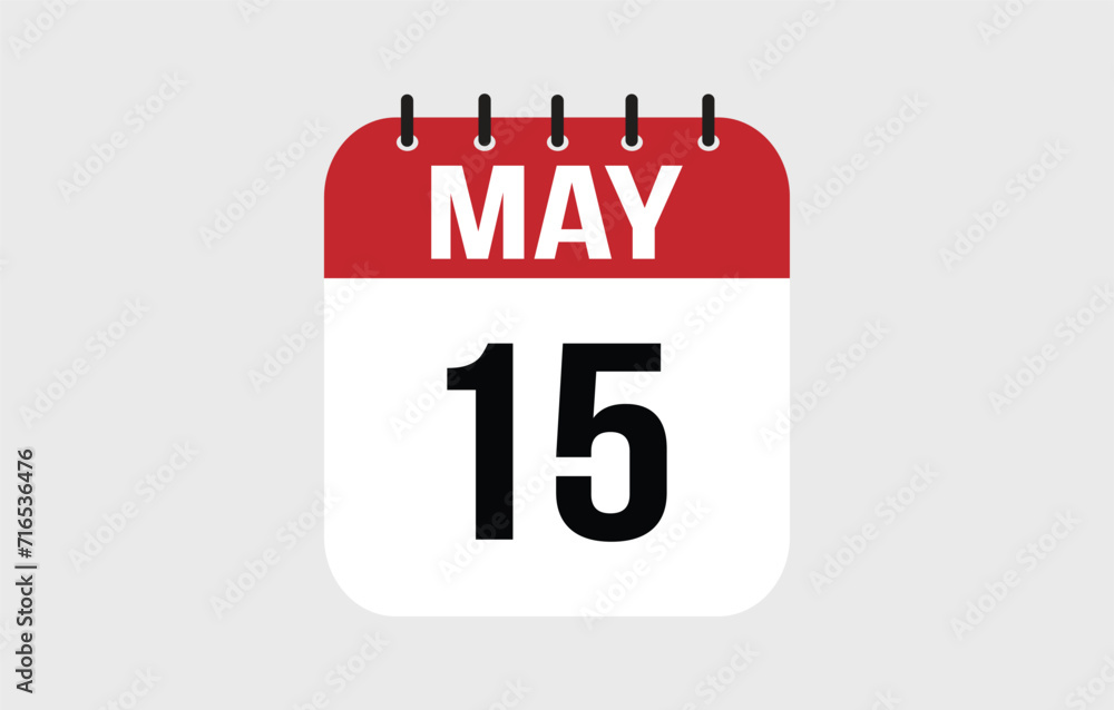 15 May calendar icon. Red calendar page vector for May days and weeks. 15 May calendar icon. Red calendar page vector for May days and weeks.
