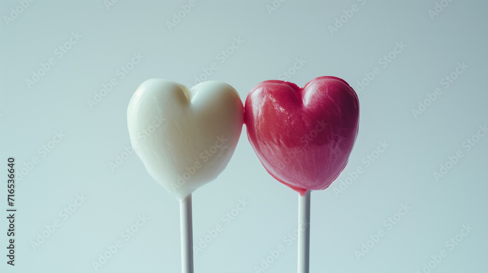 Two pink and white, sweet, tasty lollipops in the shape of a heart. A minimalistic romantic love banner with a lollipop and copy space, perfect for Valentine's Day expressing affection and sweetness.