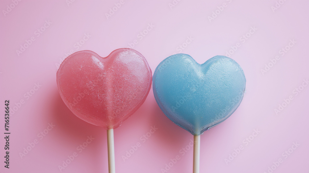 Two pink and blue, sweet, tasty lollipops in the shape of a heart. A minimalistic romantic love banner with a lollipop and copy space, perfect for Valentine's Day expressing affection and sweetness.