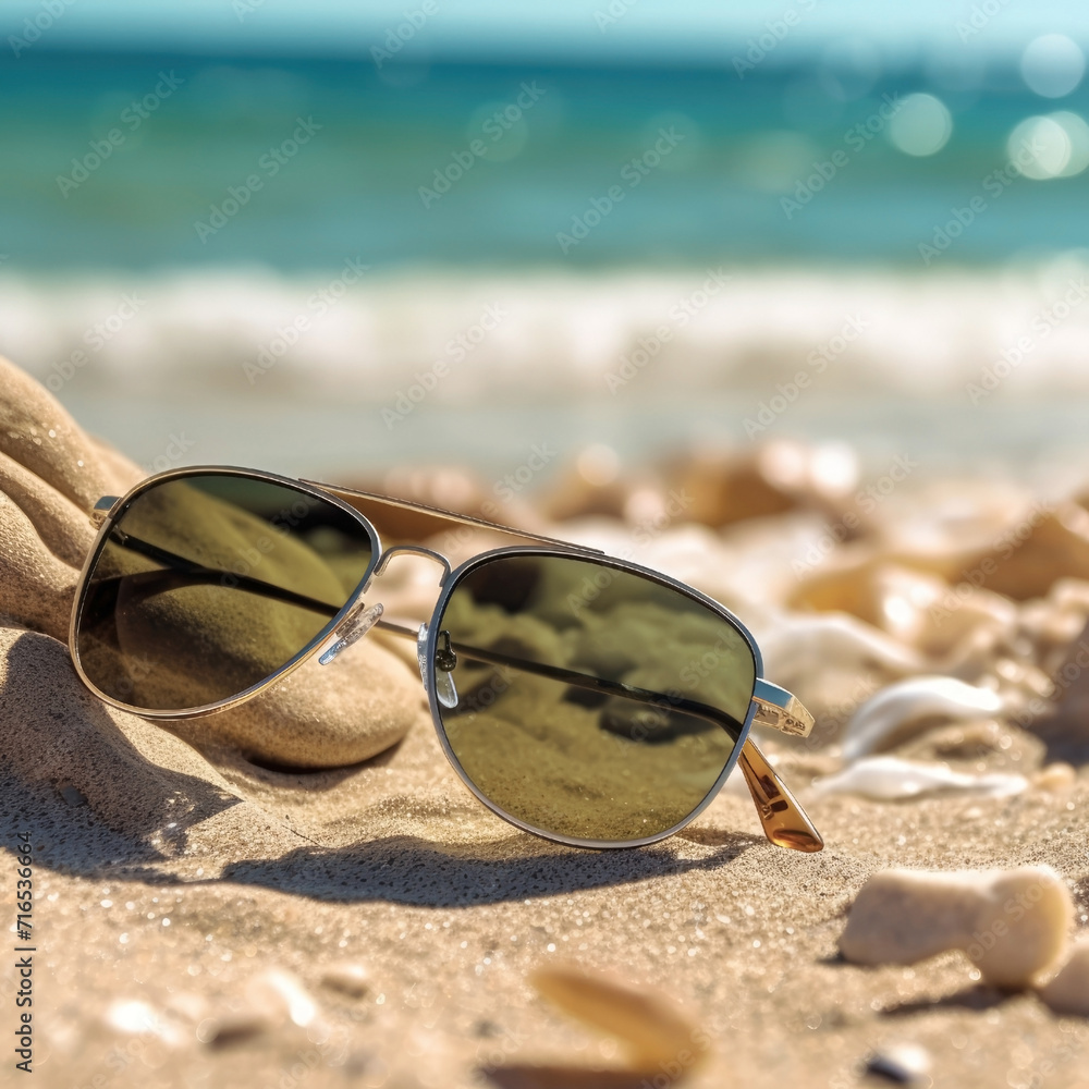 Sunglasses on the beach in summer and sea background