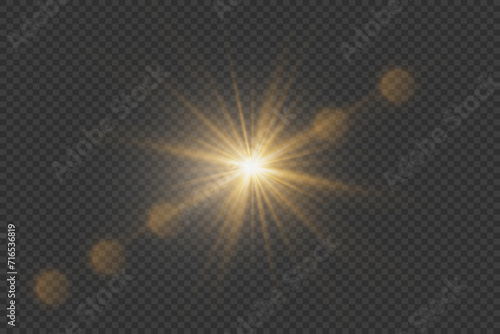 Bright beautiful golden star. Light effect and flickering flash flash. On a transparent background.