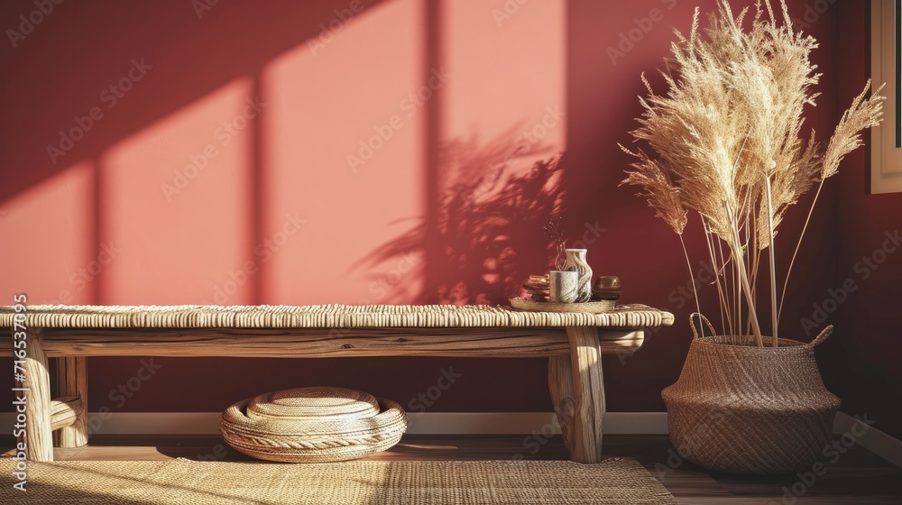 Obraz na płótnie Boho Chic: Interior Design with Vibrant Wall, Cozy Furniture and Decor Accents w salonie