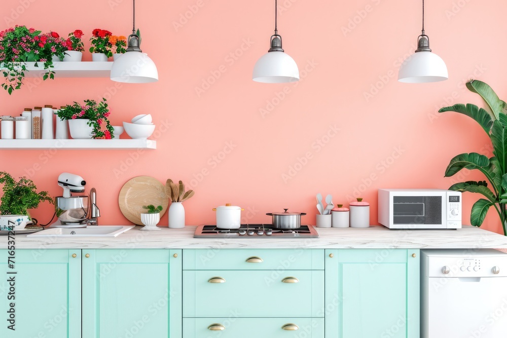 Peachy Elegance: Minimalist Kitchen Interior with Floral Accents on Pastel Colored Wall Peachy Elegance: Minimalist Kitchen Interior with Floral Accents on Pastel Colored Wall