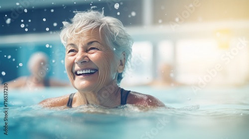 Portrait of senior woman smiling while swimming in pool at leisure center. Sport Concept. Wellness Concept. WellBeing Concept.  © John Martin