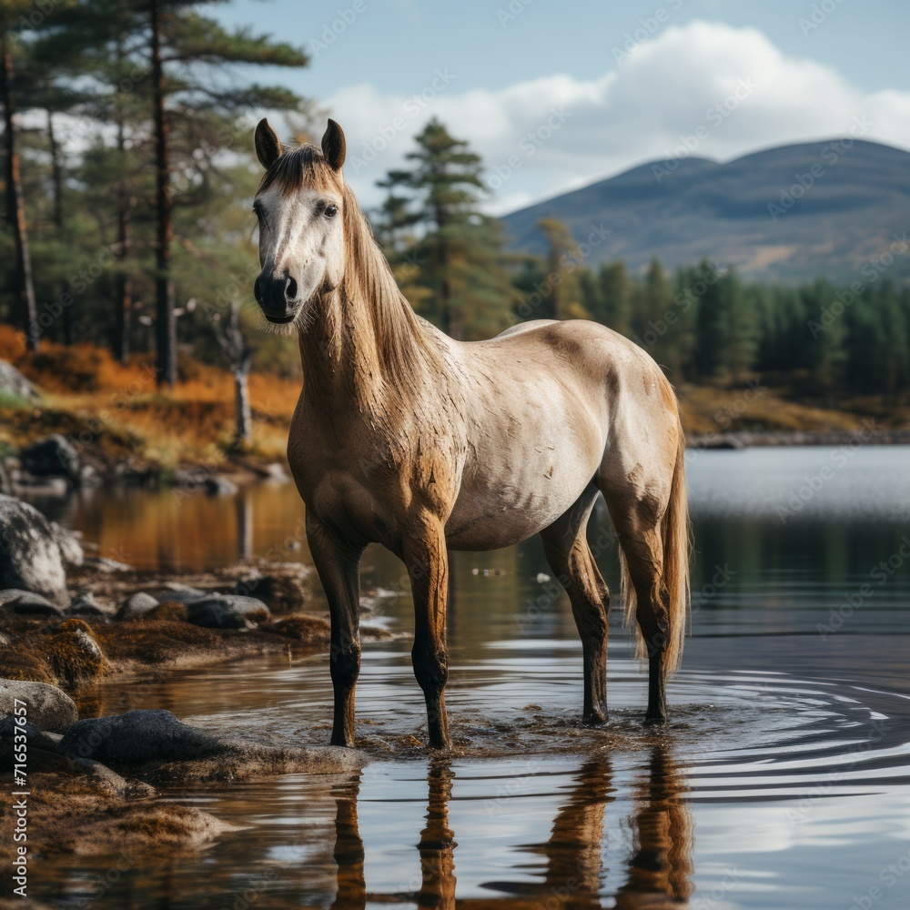 A horse standing in the water of a lake, an endless landscape of a farmland. Concept: horse breeding, ranch. Banner with copy space
