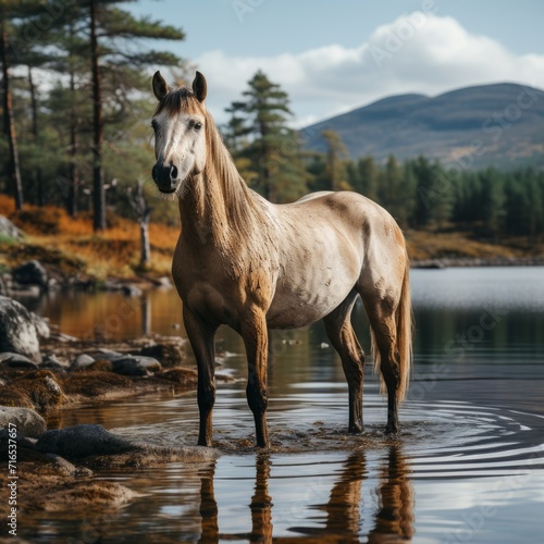 A horse standing in the water of a lake, an endless landscape of a farmland. Concept: horse breeding, ranch. Banner with copy space 