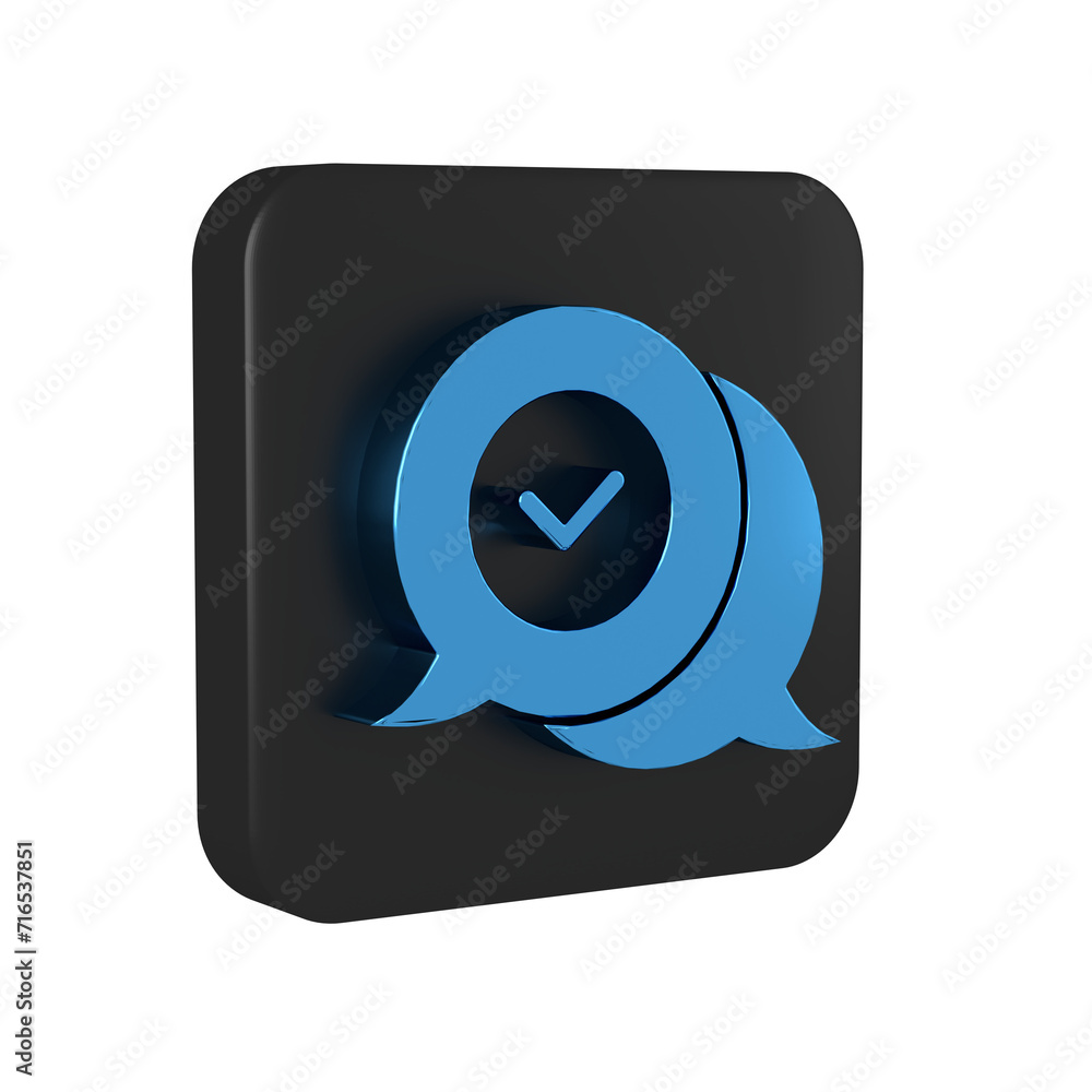 Blue Check mark in speech bubble icon isolated on transparent background. Security, safety, protection, privacy concept. Tick mark approved. Black square button. Blue Check mark in speech bubble icon isolated on transparent background. Security, safety, protection, privacy concept. Tick mark approved. Black square button.