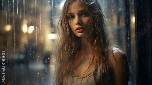 Beautiful sad girl stands in the raindrops late in the evening