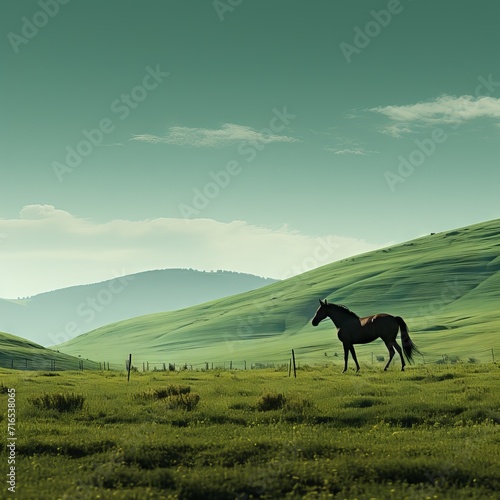 A horse walking through a green field, an endless landscape of a farmland. Concept: horse breeding, ranch. Banner with copy space  © Neuro architect