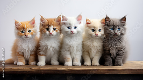 Kittens of different colors sitting next to each other on a white background, minimalistic photo