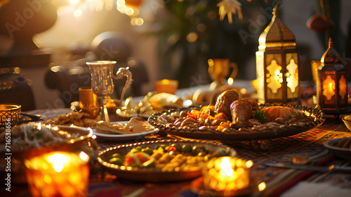 a warm and inviting Iftar feast, capturing the joyous moments of breaking the fast during Ramadan Mubarak, eid Mubarak 