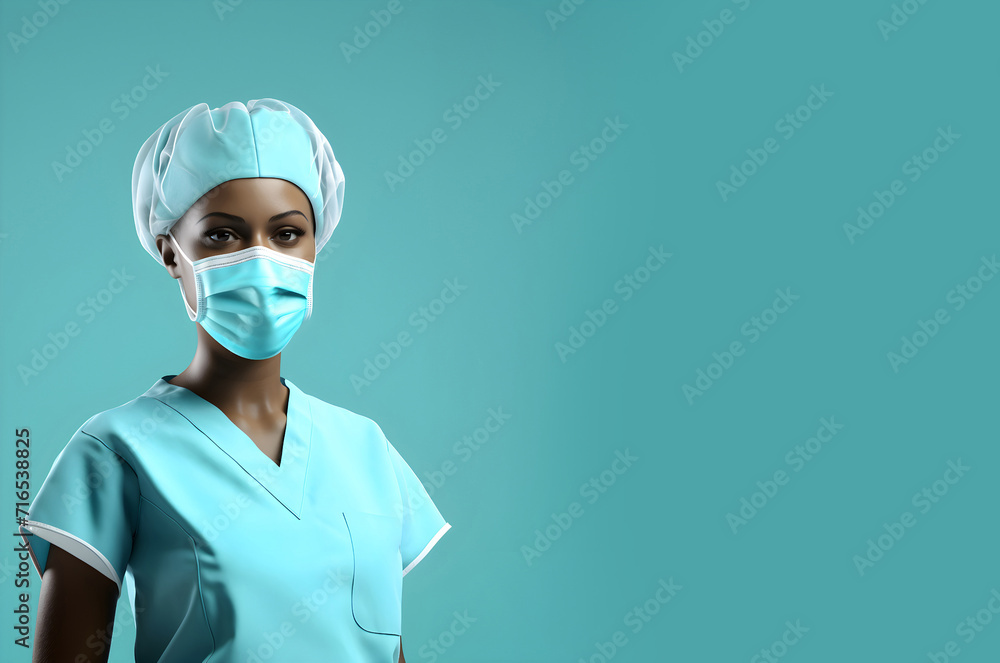 African Female Nurse Wearing Mask in 3D Render Art Isolated on Blue Background with Empty Copy Space. Generative AI. African Female Nurse Wearing Mask in 3D Render Art Isolated on Blue Background with Empty Copy Space. Generative AI.