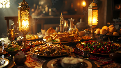 a warm and inviting Iftar feast, capturing the joyous moments of breaking the fast during Ramadan Mubarak